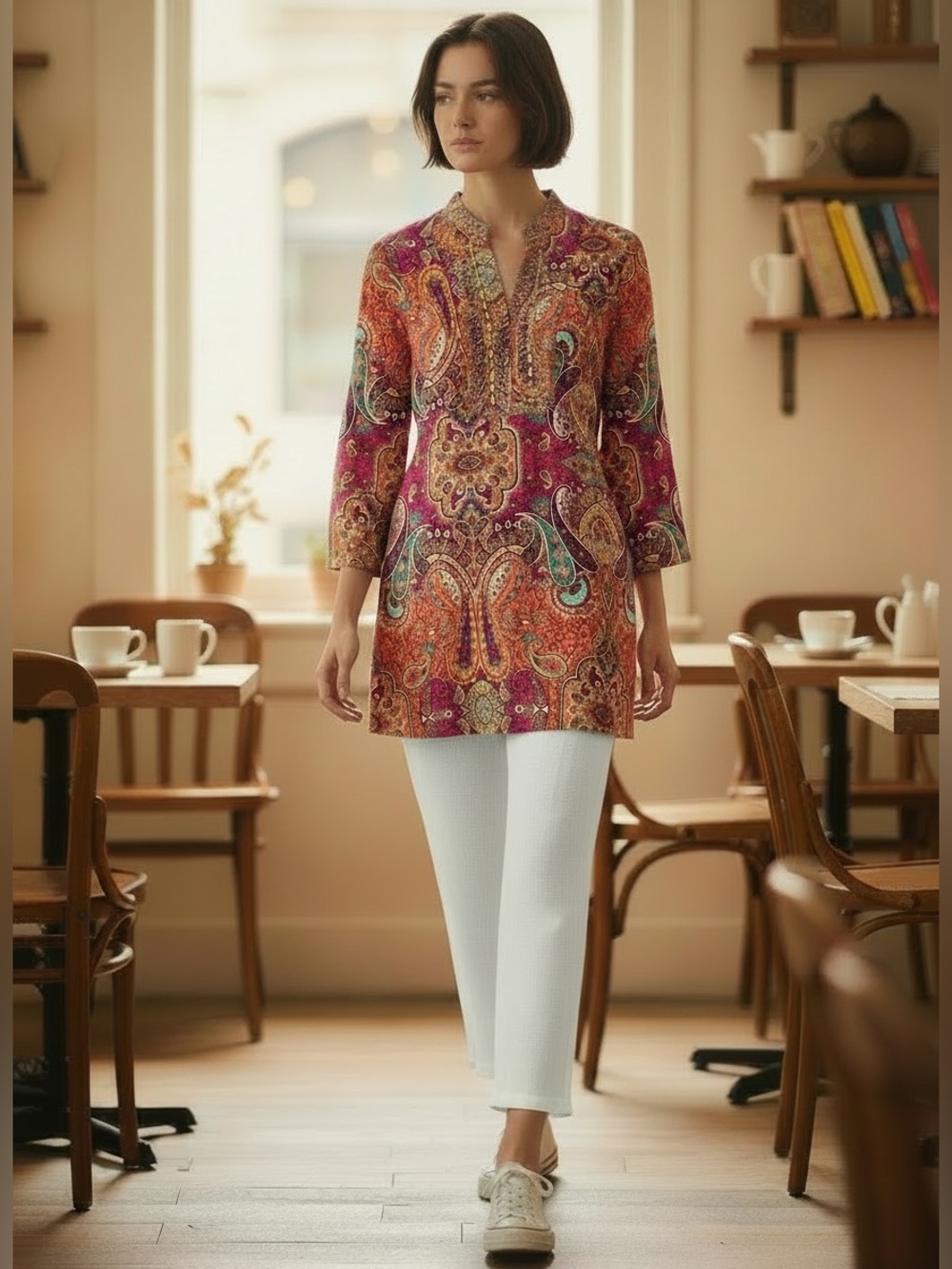 Peck & Peck Multicolor Beaded Paisley Shirt in Pink & Coral size small